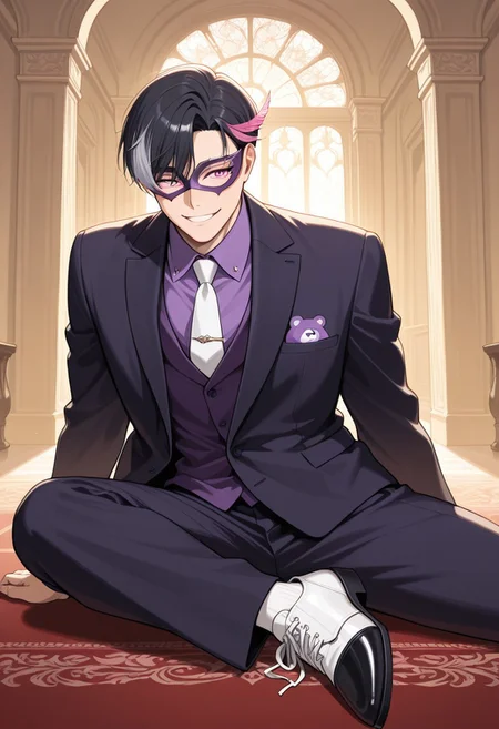 masterpiece, best quality, absurdres, newest, perfect quality, best quality, absolutely eye-catching, detailed background, intricate details, male, 1boy, mature man, aged man, solo, male focus, mbti_entp, black hair, gray side hair, multicolored hair, pink eyes, suit, black blazer with ametyst crystal ornament, purple shirt, white neck tie with purple bear print, white leather shoes, indoor, ballroom, warm natural lighting, lively and bustling atmosphere, background details visible, cheeky expression, smile, mouth open, mask, purple masquerade mask with purple crystal ornament, pink feather ornament on side hair