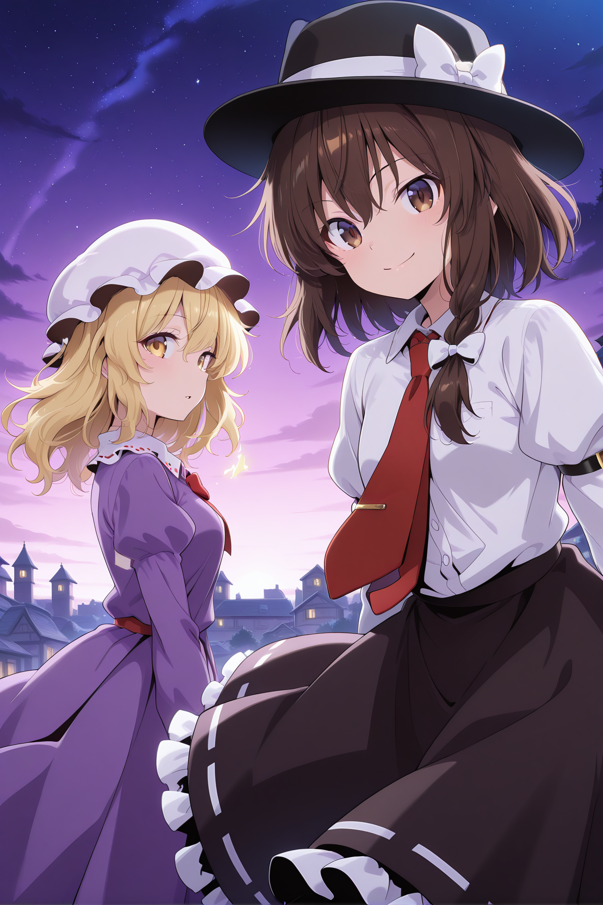 absurdres, highres, masterpiece, best quality, amazing quality, official anime artwork, screencap, anime screencap, star, night, town, 2girls, looking at viewer, multiple girls, star \(symbol\), starry sky, BREAK
<lora:Maribel-Hearn_Illustrious:0.6> maribel hearn, 1girl, solo, yellow eyes, blonde hair, medium hair,, white mob cap, red bowtie, purple dress, long sleeves, frilled skirt, parted lips, BREAK
<lora:Usami-Renko_Illustrious:0.6> usami renko, 1girl, solo, brown hair, brown eyes, medium hair, side braid, hair bow, white bow,, black hat, white hat bow, red necktie, white shirt, long sleeves, closed mouth, smile, black skirt, long skirt, frilled skirt,