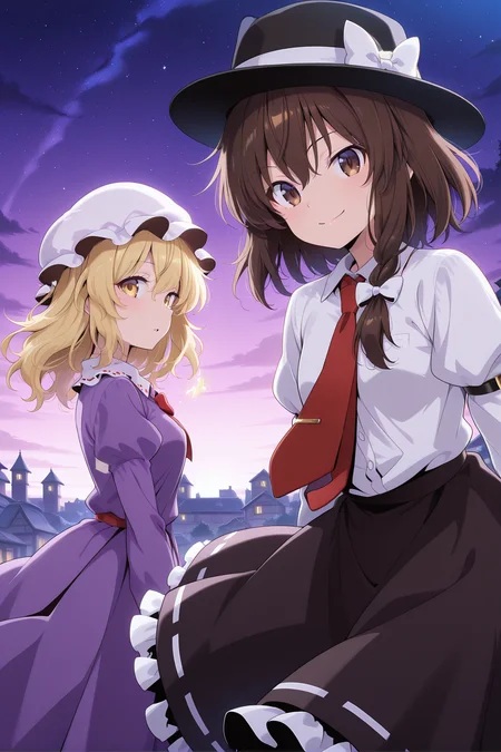 absurdres, highres, masterpiece, best quality, amazing quality, official anime artwork, screencap, anime screencap, star, night, town, 2girls, looking at viewer, multiple girls, star \(symbol\), starry sky, BREAK
<lora:Maribel-Hearn_Illustrious:0.6> maribel hearn, 1girl, solo, yellow eyes, blonde hair, medium hair,, white mob cap, red bowtie, purple dress, long sleeves, frilled skirt, parted lips, BREAK
<lora:Usami-Renko_Illustrious:0.6> usami renko, 1girl, solo, brown hair, brown eyes, medium hair, side braid, hair bow, white bow,, black hat, white hat bow, red necktie, white shirt, long sleeves, closed mouth, smile, black skirt, long skirt, frilled skirt,