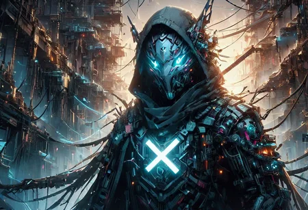 Techwear fashion (((Ultra-detailed, Hyper-realistic, 8k, highres, masterpiece))),(full length highly detailed intricate cyborg demonic-skeletal) (extremely tattered cloak),((highly detailed intricate tech body,vibrant colours,decaying parts, Intricate exposed wiring, exposed wires,exposed circuitry,electric glow)),((highly detailed cyber-skeletal head,signs of decay,exposed wiring, exposed wires,exposed circuitry,electric glowing eyes)),(((random pose))),in a highly detailed Labratory background with Test tubes,holographic screens,covered in pulsing electricity,cyber setting,cinematic,realistic,science fiction,dark colours,background light,<lora:add-detail-xl:1>,<lora:X:0.8>,<lora:cyberpunk:0.8>,tooimage,cyberpunk,futuristic city,<lora:Cyberpunk Kit By Cyberscap:0.8>, robot,cyberpunk,1girl, . Futuristic, cyberpunk, urban, tactical, sleek, dark, highly detailed
