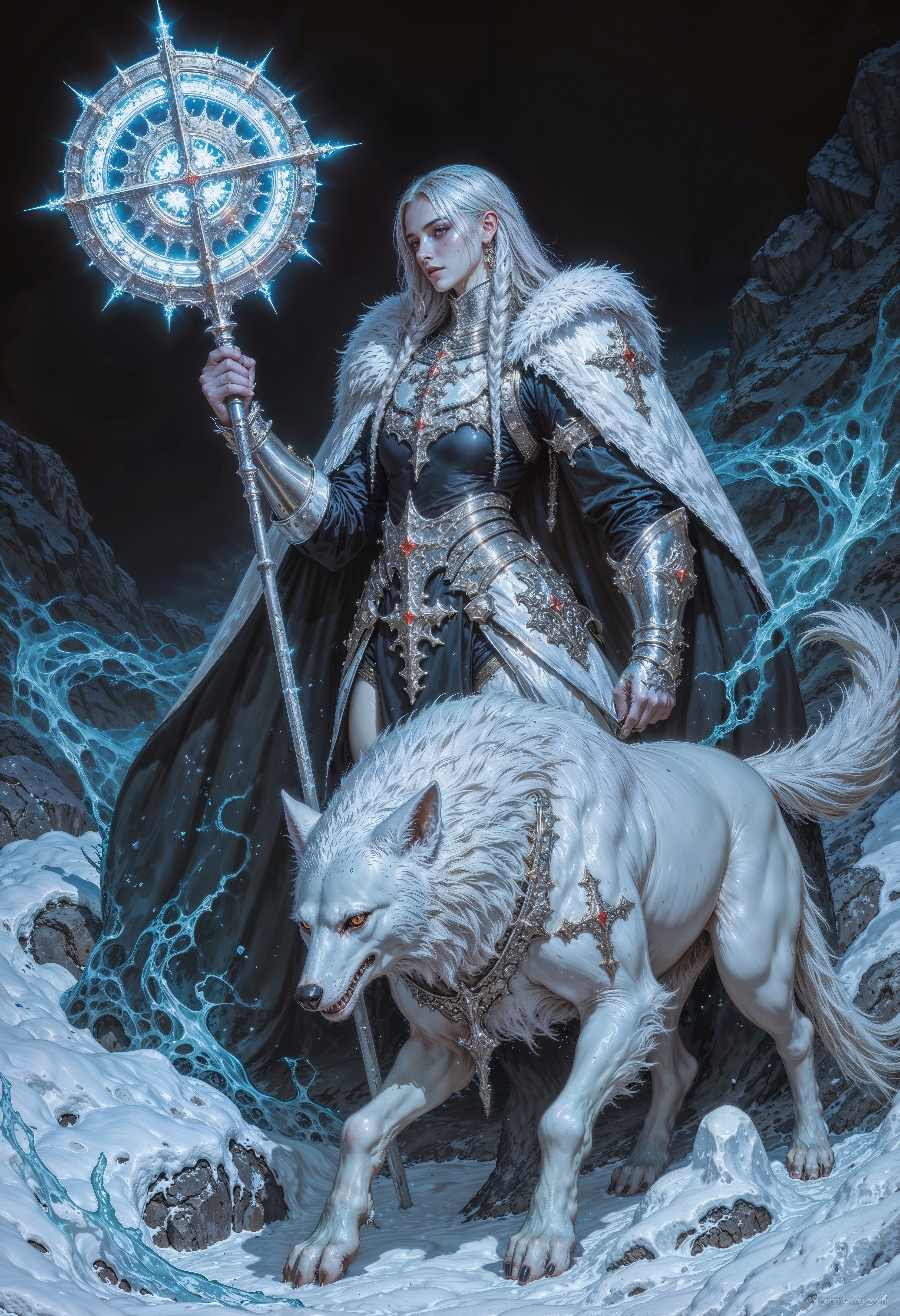 A female warrior of ice and vengeance, the Frostbound Valkyrie emerges from the frozen tundras clad in glistening armor forged from enchanted permafrost. Her braided silver hair carries the chill of eternal winter, and her breath fogs the air with each exhale. Her piercing ice-blue eyes shine with the determination of a thousand battles. In her hand, she wields a colossal frost-encrusted warhammer, its head shimmering with a frozen aura capable of shattering even the strongest defenses. A spectral wolf, composed of swirling snow and ice, stalks at her side, its eyes glowing with a feral light. Wherever she treads, frost blooms and the whispers of fallen warriors drift on the icy wind.
 <lora:flux.1_lora_flyway_Epic-detail_v2:0.85> <lora:FluxMythAn1meL1nes:0.8> <lora:MoriiMee_Gothic_Niji_Style__FLUX_LoRA_Test_2:0.65>