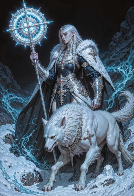 A female warrior of ice and vengeance, the Frostbound Valkyrie emerges from the frozen tundras clad in glistening armor forged from enchanted permafrost. Her braided silver hair carries the chill of eternal winter, and her breath fogs the air with each exhale. Her piercing ice-blue eyes shine with the determination of a thousand battles. In her hand, she wields a colossal frost-encrusted warhammer, its head shimmering with a frozen aura capable of shattering even the strongest defenses. A spectral wolf, composed of swirling snow and ice, stalks at her side, its eyes glowing with a feral light. Wherever she treads, frost blooms and the whispers of fallen warriors drift on the icy wind.
<lora:flux.1_lora_flyway_Epic-detail_v2:0.85> <lora:FluxMythAn1meL1nes:0.8> <lora:MoriiMee_Gothic_Niji_Style__FLUX_LoRA_Test_2:0.65>
