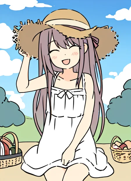 <lora:cartoony:1>
flat color,
1girl,
white sundress, straw hat, happy,
picnic, sunny day, park, clouds,
