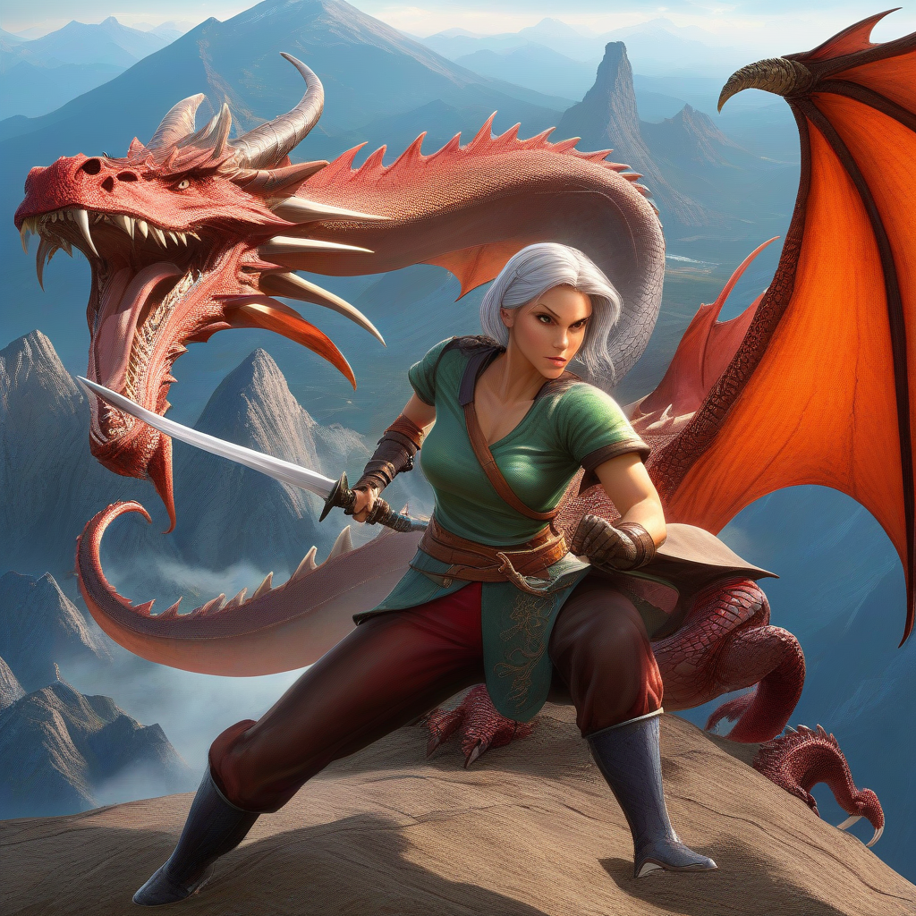 Female rogue fighting a dragon <lora:3d_v0.0.2:1>, mountains, detailed background, masterpiece, best quality, high quality, absurdres