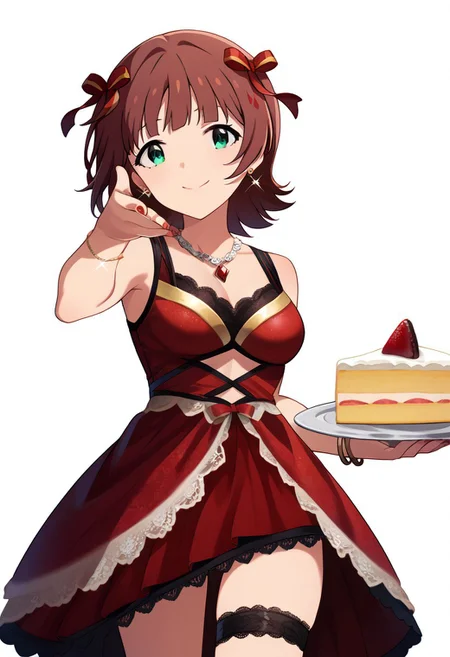 score_9, score_8_up, score_7_up, source_anime,
standing, throwing at viewer, cake throw, cowboy shot, white background, 
ammhrk, short hair, medium hair, brown hair, bangs, (red hair ribbon:1.2), green eyes, medium breasts, 
idol costume, red dress, lace trim, luxury, thighs, lace thigh strap, earrings, necklace, bracelet, nail polish, detailed eyes, eye refraction, smile