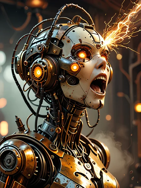steampunk female robot screaming, mouth open <lora:add-detail-xl:1>, electrical sparks, masterpiece, 8k,warm colors, illustration, (volumetric fog:1.5)