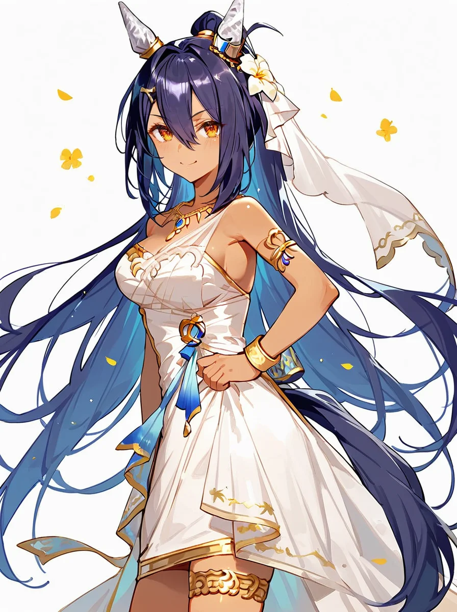 score_9, score_8_up, score_7_up,masterpiece, best quality,anime style,rating_safe,
hishi amazon \(umamusume\), 1girl, horse ears, horse tail, smile, looking at viewer, white background, closed mouth, gold bracelet, hand on own hip, cowboy shot, from side, hungry veil clothes, silver ear covers, long ponytail, sleeveless white dress, green see-through overskirt, hair ornament, gold necklace, gold thighlet, low back two-tone ribbon, gold hair ring
<lora:pony_hishi_amazon_v1.02:1>