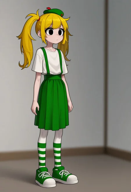 soft light, perfect anatomy , sharp focus, ((Depth of field)) deep depth, (Ultra detailed), best quality, intricate lighting, (absurd resolution), high resolution, intricate details, volumetric lighting, green hat, yellow hair, flowing detailed hair, innocent eyes, skinny girl, white panty hose, green skirt, green shoulder straps , white thick inner shirt, green striped socks, green shoes, small hat, twin tail hair, (rounded style), teenager, skinny teenager, natural cloths, wild like girl, Fun Spirit, Fine Details, ,Fun Spirit, Fine Details,, s4ish0,