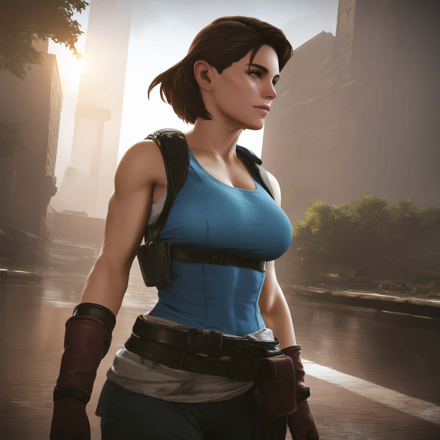 1girl,((jill valentine:1.2)),large breasts,tank top,outdoors,<lora:HorizonForbiddenWestStyle_illustrious:0.9>,horizonfwstyle,realistic,masterpiece,newest,