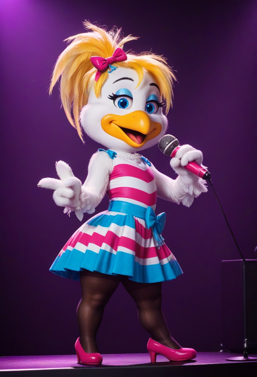 score_9, score_8_up, source_cartoon, toony, 1girl, solo, furry, bird girl, beak, white feathers, blue eyes, blue eyeshadow, blonde hair, feather hair, ponytail, bow, striped dress, pantyhose, thick thighs, shortstack, pink heels, 2010, microphone, stage light, rave, singing,