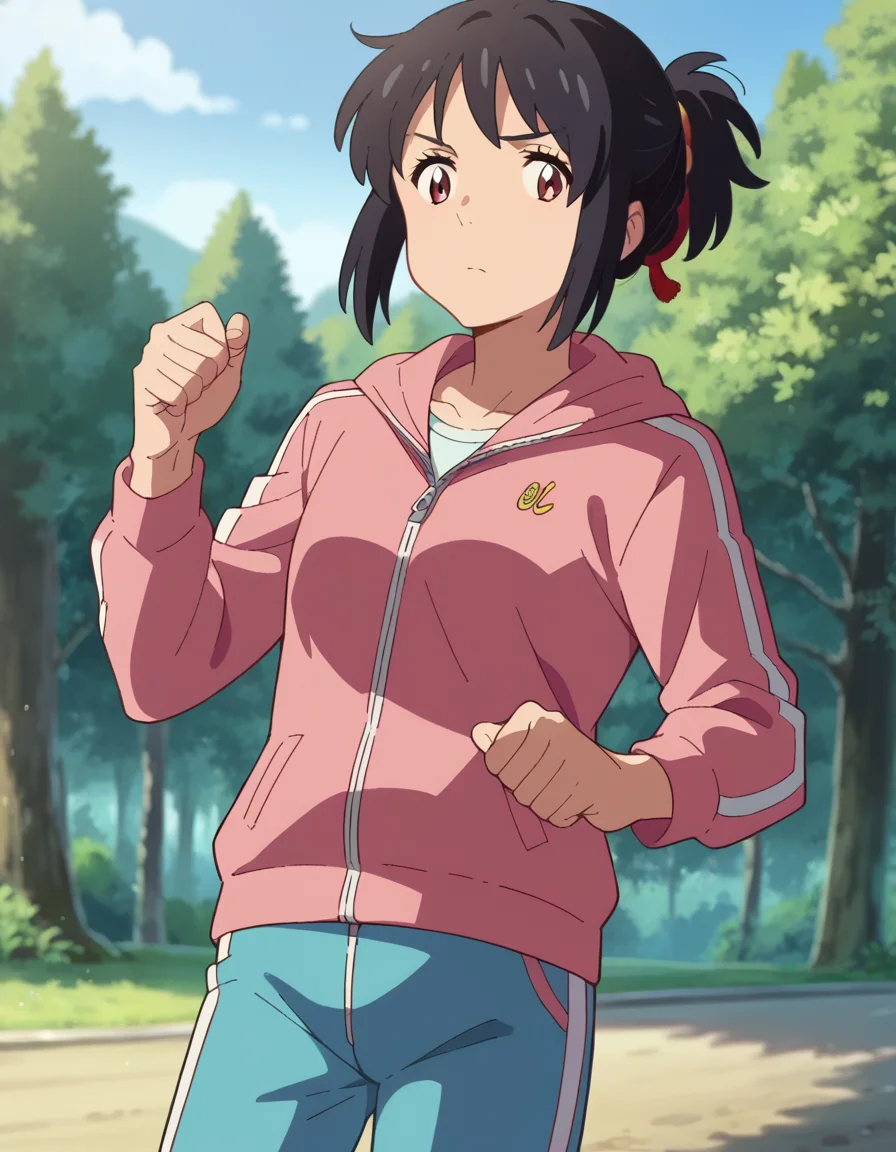 score_9, score_8_up, score_7_up, source_anime,
mitsuhamiyamizu, <lora:mitsuha-miyamizu-ponyxl-lora-nochekaiser:1>,
mitsuha miyamizu, black hair, brown eyes,
medium hair, ponytail, sidelocks, jacket, pink jacket, hoodie, zipper, track pants, blue pants, closed jacket,
outdoors, forest, nature,
looking at viewer, dutch angle, cowboy shot, dynamic pose,