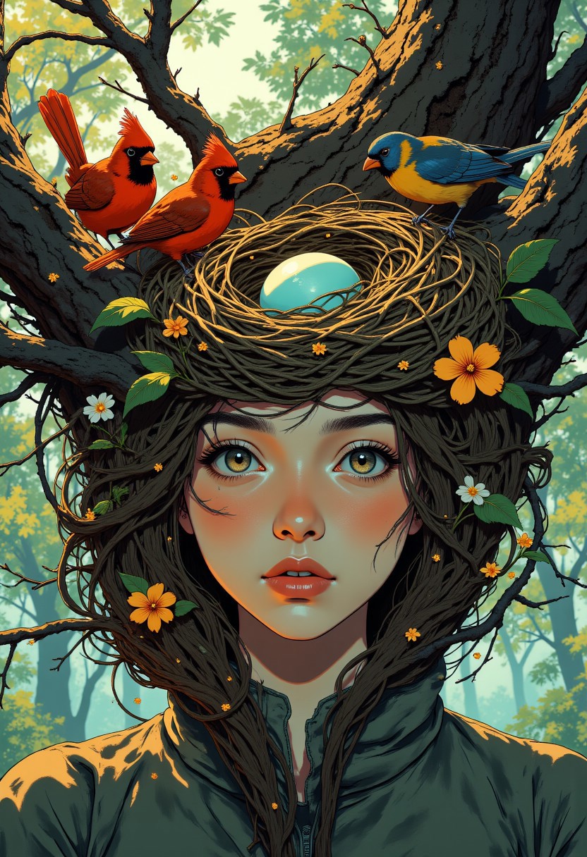 Close-up portrait of a woman's head, the camera angle is  at the level of the woman's crown, focus primarily on that to elaborate bird nest created entirely from her hair.  The young woman has fair skin and subtle freckles, her expression serene yet mysterious. Her face should occupy only the bottom third of the composition, with the majority of the image dedicated to showcasing the intricate nest structure. The nest is massive and sprawling, completely constructed from her own hair—each strand meticulously twisted, coiled, and woven to mimic twigs, grasses, and natural nesting materials. The texture should be highly detailed, showing how individual hairs create the complex architectural patterns of an authentic bird nest. At the center of this hair-nest sits a pale blue speckled egg, glowing with subtle luminosity. Two vibrant birds perch among the woven hair strands: a brilliant cardinal with deep crimson feathers and distinctive black face mask on one side, and a striking blue and yellow bird with sapphire wings and golden breast on the opposite side. Both birds appear actively engaged with the nest, perhaps gathering loose strands or adjusting positions. Small wildflowers and delicate leaves are interspersed throughout the structure, adding color contrast to the rich brown of the hair. The background should feature soft bokeh effects with dappled sunlight creating an ethereal woodland atmosphere, maintaining the focus on the extraordinary hair-nest creation. j_art