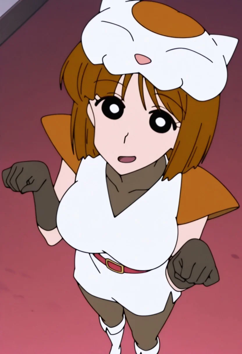 best quality, masterpiece, anime screencap, anime coloring, ultra detailed, source_anime, intricate details, perfect anatomy, looking at viewer,
sleeping catthief, short hair, brown hair, black eyes, 1girl, solo, breasts, large breasts, smile, 
hat, gloves, black gloves, open mouth, shoulder pads, belt, pantyhose, white footwear, sleeveless,
from above, paw pose