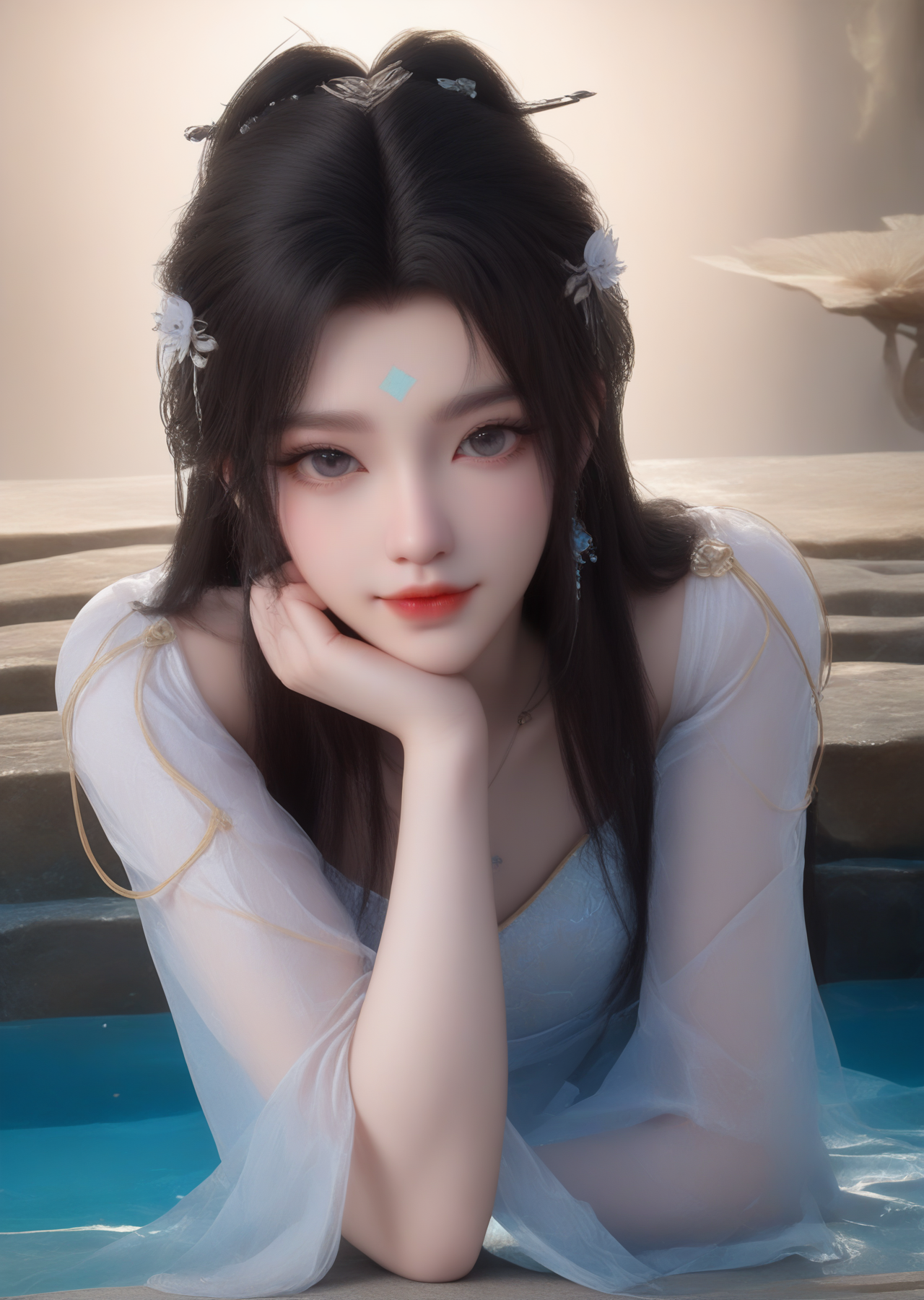 (looking_at_viewer:1.4),full_shot,chin_rest,bunching_hair,lying_on_water,1girl,solo,dress,hair ornament,portiart,from front,masterpiece,(best quality),official art,extremely detailed cg 8k wallpaper,crystalstexture skin,(extremely delicate and beautiful),solo,realistic,photo_\(medium\),hiqcgbody,chinese background,eye-contact,(smile:0.7),jewelry,absurdres,incredibly absurdres,huge filesize,<lora:æ¸æ¼ª_V1-000001:1>,