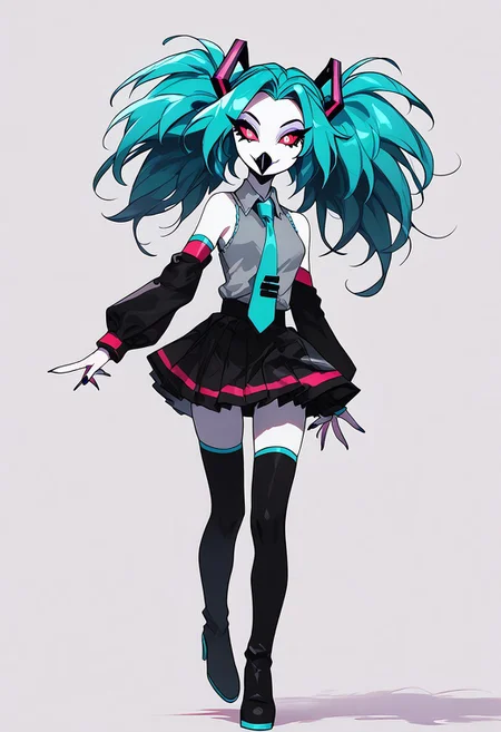 score_9, score_8_up, score_7_up, score_6_up, 1girl, solo, octavia, octavia, avian bird demon owl owl_demon, beak, red sclera, from hellova boss, anthro furry, teal hair, twin tails, holding microphone, white skin, perfect face, perfecteyes, sexy, sexy girl, beautiful eyes, dancing, dynamic angle, full body shot, red eyes, glowing eyes, pop star, singing, <lora:hatsune-miku-cosplay-ponyxl-lora-nochekaiser:1>, hatsunemikucosplay, hatsune miku \(cosplay\), aqua necktie, black footwear, black skirt, black sleeves, boots, collared shirt, detached sleeves, grey shirt, necktie, pleated skirt, shirt, skirt, sleeveless, sleeveless shirt, thigh boots, tie clip,
