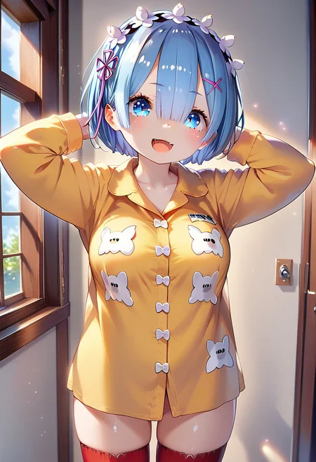 score_9,score_8_up,score_7_up, masterpiece, Henreader, 1girl, solo, source_anime, scenery, (mature woman:1.2), (wide thighs:1), (wide hips:1), (detailed eyes, high definition eyes,high gradient eyes,eyesHD), (best quality:1.4), a close up of a woman with colorful hair, anime girl with cosmic hair, rossdraws pastel vibrant, artwork in the style of guweiz, fantasy art style, colorful, vibrant fantasy style, cosmic and colorful, guweiz, colorfull digital fantasy art, stunning art style, beautiful anime style, shiny, shiny skin, (beautiful female), beautiful face, clear face, Shiny hair, (blue hair:1.2), (short hair:1.2), (blue eyes:1.2), mischiveous smile, provocative look, begging dog pose, two tender canine fangs in her open mouth, Expressiveh, concept art, beautiful_female_fingers, perfect hands, detailed hands, beautiful hands, professional anime, (rem from re:zero:1.2), (rem:1.2), blue eyes, blue hair, hair ornament, hair over one eye, hair ribbon, short hair, x hair ornament, big breasts, perfect body, seductive girl, (standing, arms behind head), (looking at viewer), red thighhighs, pajamas, calpajamas