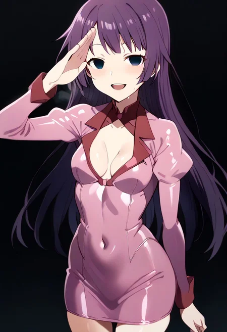 salute, score_9, score_8_up, score_7_up,
BREAK
(1girl, solo, empty eyes girl, girl salute),
BREAK
senjougahara hitagi, long hair, hime cut, purple hair, blue eyes,
hypnosis, empty eyes, looking at viewer, blush, smile, open mouth, small breasts, long sleeves, dress, ribbon, cleavage, closed mouth, thighs, sweat, salute, covered navel, from above, shiny clothes, salute, shrug (clothing), latex, cowboy shot, sweat, teeth, breath, salute pose,
BREAK
simple background, black background