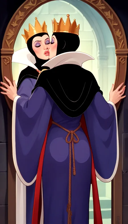 grimhilde, 1girl, cape, cloak, crown, dress,  makeup, retro artstyle, robe, (solo), from behind, magic mirror, hands against glass, kissing mirror, head against glass, pointed lips, about to kiss,
score_9,score_8_up,score_7_up,source_cartoon,
<lora:evil_queen_grimhilde-000045:1>