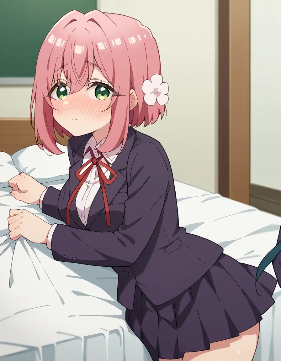 score_9, score_8_up, score_7_up, source_anime,
hakarihanazono, <lora:hakari-hanazono-s1-ponyxl-lora-nochekaiser:1>,
hakari hanazono, short hair, hair ornament, green eyes, pink hair, flower, hair flower, hair between eyes, sidelocks,
skirt, shirt, ribbon, school uniform, blazer, white shirt, pleated skirt, collared shirt, black skirt, red ribbon, neck ribbon,
indoors, bed, bed room, on side, blush, drunk,
looking at viewer, dutch angle, cowboy shot,