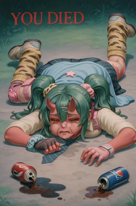 top down, from above, dreampainting, traditional media, realistic, (><, you died, laying down on stomach, sad, crying, tears flowing down the face, laying down:1.4), defeat, fortnite_nemia, 1girl, solo, green hair, twintails, ponytail, long hair, bangs, hair between eyes, hair over one eye, ears, horns, oni horns, single horn, red skin, pink skin, parted lips, bandaid, bandaid on nose, bandaid on thighs, breasts, shirt, school uniform, necktie, plaid skirt, thighhighs, socks, loose socks, boots, jewelry, earrings, bracelet, charm, belt, gloves, fingerless gloves, knee pads, leg warmers, collarbone, solo, colored skin, hair ornament, hairclip, scrunchie, holster, striped necktie, clothes around waist, oni, plaid, charm (object), blue necktie, sweater around waist, animal print, heart, shoes, star (symbol), thigh holster,  lying, text, holding pepsi can, spilled drink, black puddle of liquid, wet,   <lora:you_died:1.2>, <lora:Dream Painting [LoRA] - NoobAI-XL EPS 1.0:0.8>, <lora:Fortnite_Nemia_Demonically_Cute_Set_ILXL_E29_16_DIM:0.8>
