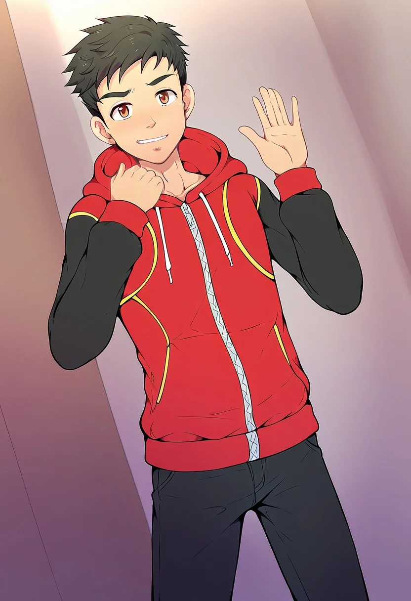 harmard, black hair, short hair, brown eyes, 1boy, solo, solo focus, jacket, black pants, young, mikkoukun