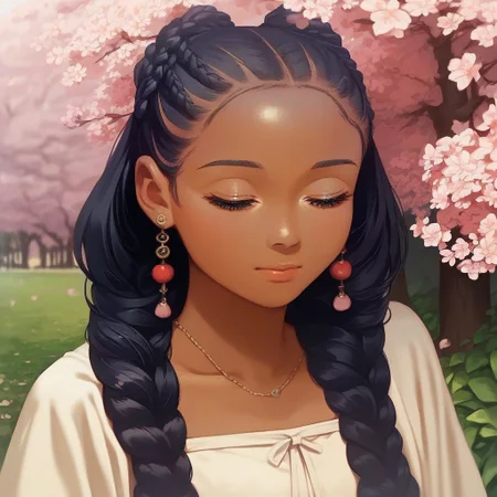 score_9, score_8_up, score_7_up, score_6_up, hd, high definition, Masterpiece, best quality, 1 woman, anime, black woman, dark skin, anime, bright pink small micro braids, sun dress, cherry blossoms, park, sunny day, close up, hair focus, cartoon, classic anime style drawing