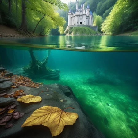 cinematic film still quiet river flowing into a majestic lake,elemental mystical creatures,or underwater realms,(forest:1.3),(very few fallen leaves),power of water,castle, . shallow depth of field, vignette, highly detailed, high budget, bokeh, cinemascope, moody, epic, gorgeous, film grain, grainy