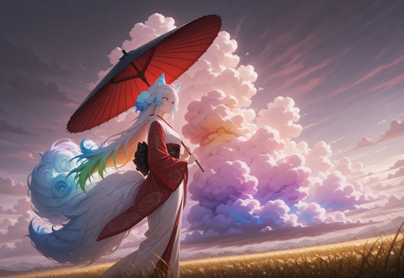masterpiece, best quality, absurdres,anime style,detailed eyes,
1 female solo,((((Cloud hair)))),long hair,blue eyes,kitsune tails,white kimono,red sleeves,golden embroidery,
wide shot,from side,feet out of frame,low angle,
looking to the left,sun umbrella,washi umbrella,multicollored umbrella,red umbrella,black umbrella,walking along rye field,
background, ((((huge fluffy Clouds)))),((((rainbow gradient cloud)))),dimly lit,