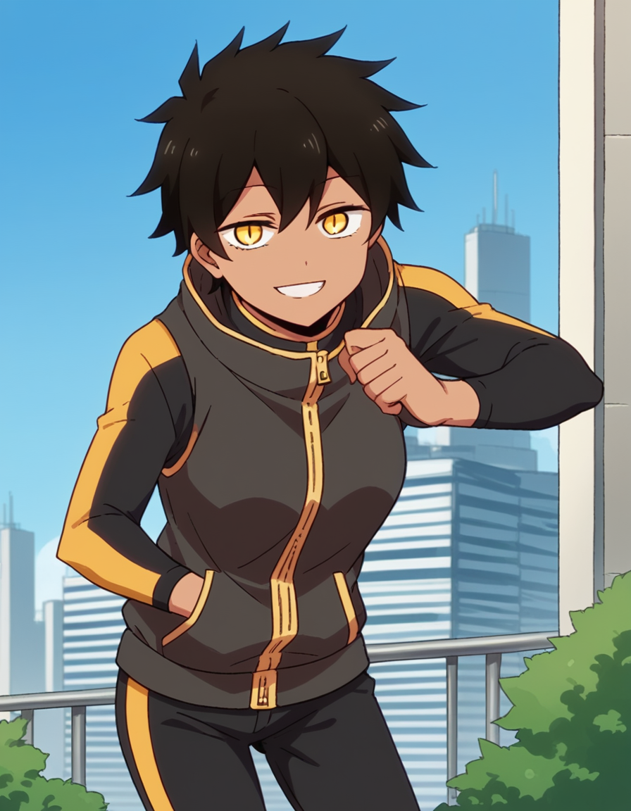 score_9, score_8_up, score_7_up, source_anime,
natsumikurobe, <lora:natsumi-kurobe-s1-ponyxl-lora-nochekaiser:1>,
natsumi kurobe, short hair, black hair, yellow eyes, slit pupils, dark skin, dark-skinned female,
jacket, pants, hood, zipper, tomboy,
cityscape, bent over, smile,
looking at viewer, cowboy shot, solo, dutch angle,
