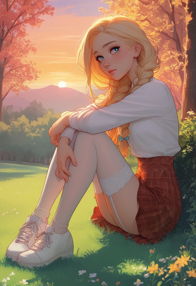 masterpiece, score_9,score_8_up, score_7_up, score_6_up, (pastel colors, high contrast,expressiveh), solo focus, 18 year old girl, blonde hair, (twin braids:1.2), long hair, red plaid skirt, white shirt, blue eyes, mascara, (white thigh highs), garter straps, white shoes, posing, large chest, petite, sitting on grass, hugging own legs, knees to chest, watching sunset in park, green trees in background, sunset, warm light from side