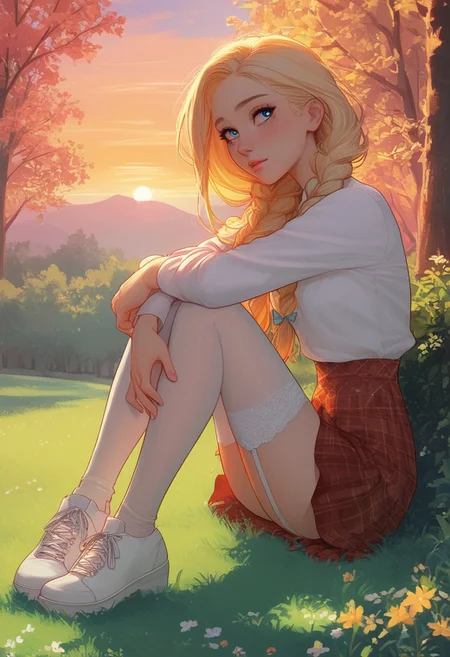 masterpiece, score_9,score_8_up, score_7_up, score_6_up, (pastel colors, high contrast,expressiveh), solo focus, 18 year old girl, blonde hair, (twin braids:1.2), long hair, red plaid skirt, white shirt, blue eyes, mascara, (white thigh highs), garter straps, white shoes, posing, large chest, petite, sitting on grass, hugging own legs, knees to chest, watching sunset in park, green trees in background, sunset, warm light from side