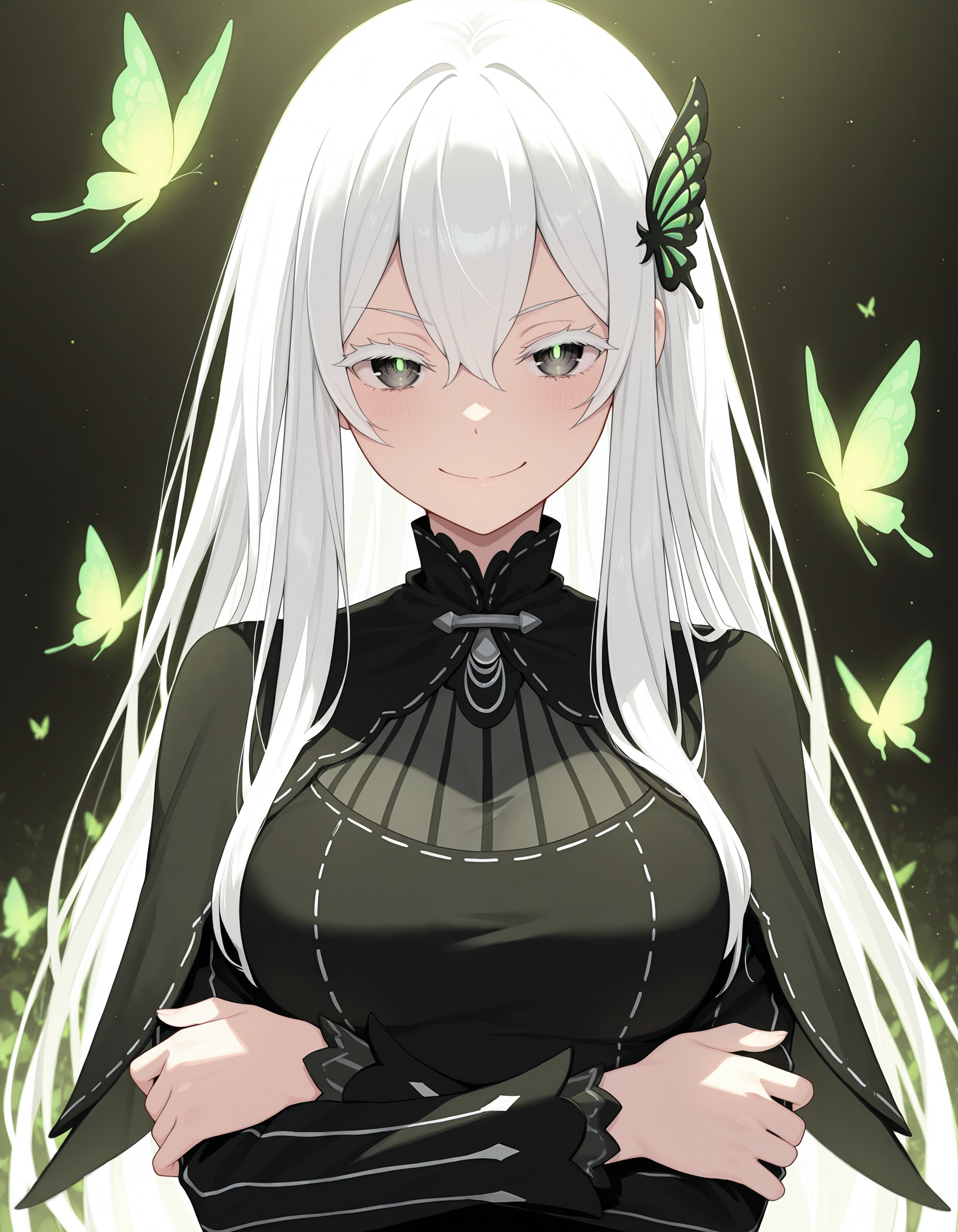 <lora:Echidna_1:1>1girl, solo, 
ech1dna, echidn4dress, 1girl, colored eyelashes, butterfly hair ornament, smile, white hair, bug, looking at viewer, hair between eyes, black dress, black capelet, vertical-striped dress, breasts, crossed arms, long sleeves, glowing green butterfly, vertical-striped clothes, closed mouth,, masterpiece, best quality, amazing quality