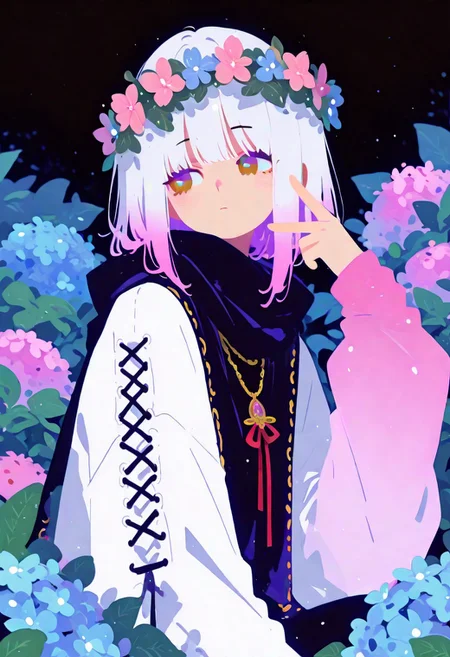 masterpiece, best quality, good quality, newest, highres, absurdres, 
1girl, solo, hijab, brown eyes, hair ornament, ribbon, closed mouth, jewelry, upper body, flower, long sleeves, hand up, necklace, red ribbon, looking to the side, gradient hijab, leaf, pink flower, blue flower, multicolored eyes, arm warmers,laced clothes, head wreath, hydrangea, ,laced sleeves, Ethereal Brushstroke,
Flat vector illustration,
h4ra_illu,
momosp <lora:illustriousXL_stabilizer_v1.23:0.3> <lora:NOOB_vp1_detailer_by_volnovik_v1:0.3> <lora:ponyv6_noobE11_2_adamW-000017:0.45> <lora:Illustrious:0.15> <lora:XXX667:0.75> <lora:checkpoint-e18_s306:1.3> <lora:hara_id_21:0.85> <lora:MomoSweetSpaceILL:0.8>