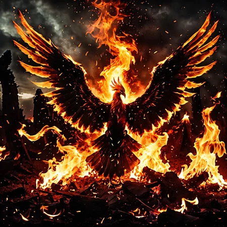 (fire), A majestic phoenix rises from smoldering ashes, wings fully outstretched, ablaze with radiant orange, gold, and crimson flames. Embers swirl around its powerful body as molten feathers shimmer against a darkened sky. In the background, blackened ruins give way to glowing lava cracks and blooming fire lilies. The creature's eyes burn with ancient wisdom and rebirth. (mythical realism, dynamic lighting, cinematic glow, fiery energy, high-detail feathers and flame textures, epic fantasy mood)