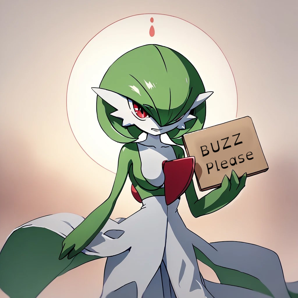 (((gardevoir))), female,furry, score_9, score_8, score_7, gardevoir, green_hair, porcelain white skin, hair_over_one_eye, red eye, holding a sign.
BREAK.
Create a text logo with the following text:"Buzz me Please"