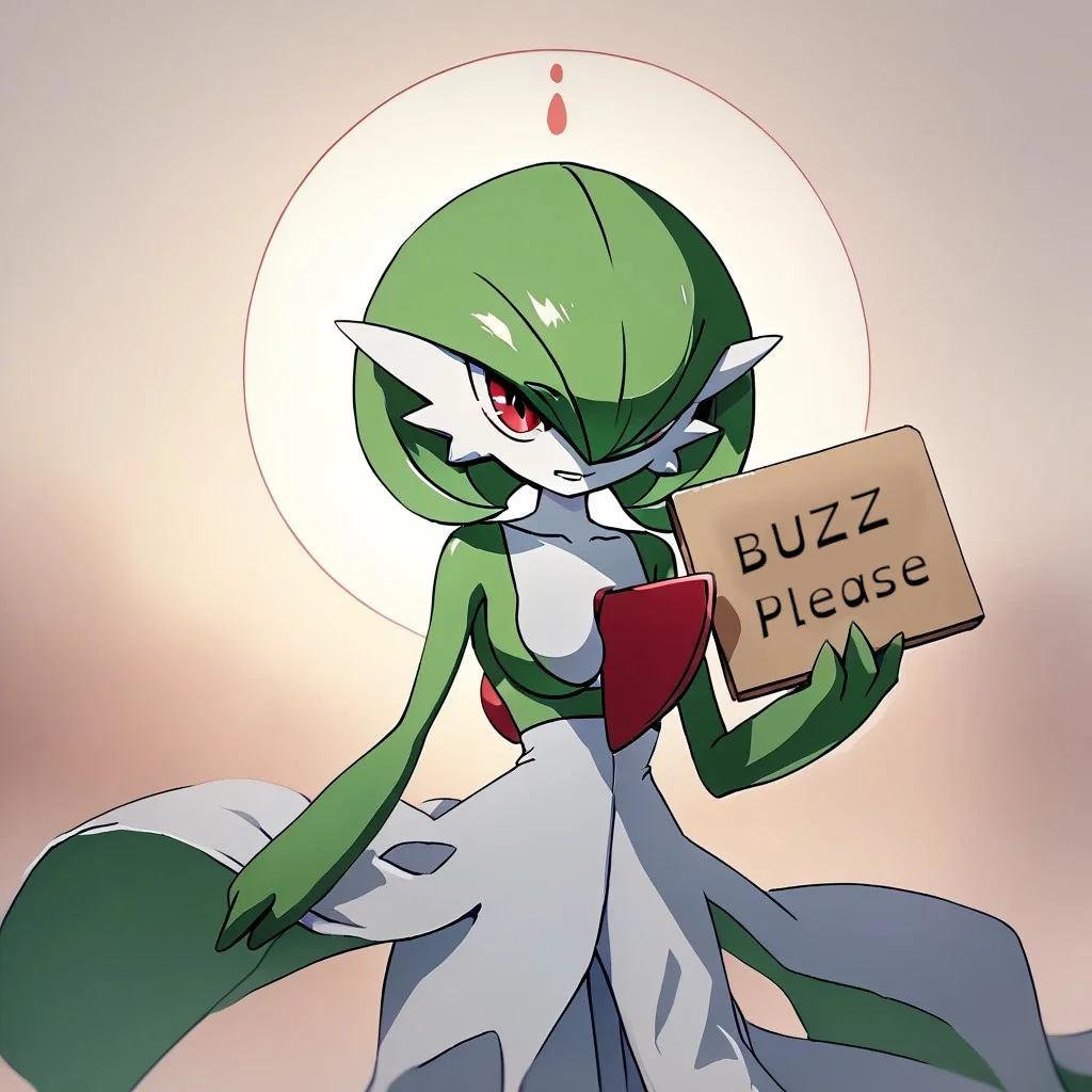(((gardevoir))), female,furry, score_9, score_8, score_7, gardevoir, green_hair, porcelain white skin, hair_over_one_eye, red eye, holding a sign.
BREAK.
Create a text logo with the following text:"Buzz me Please"
