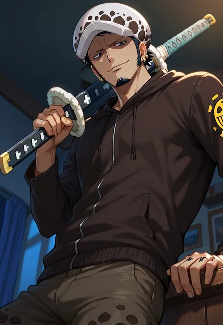 masterpiece, best quality, , , , 1boy, solo, male focus, <lora:law_trafalgar_ilxl:0.96>, law_trafalgar, black hair, black eyes, short hair, facial hair, sideburns, long sideburns, goatee, , hat, , , weapon, sword, sheathed, holding weapon, from below, apartment, indoors, dark, arm support, seductive smile,
