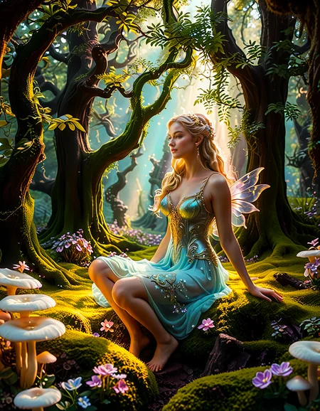 A graceful fairy woman sitting elegantly in front of an enchanted forest,3nch4nt3d f0r3st. She has delicate, shimmering translucent wings that catch the light, creating a soft iridescent glow. Her flowing dress is a pastel pink adorned with intricate floral patterns, appearing almost as if itâs made from petals. Her posture is relaxed yet regal, with one hand gently resting on her lap and the other lightly holding a small glowing orb. Her long, wavy hair cascades down her back in soft golden locks, with small flowers woven into it. Her expression is serene and slightly wistful, with a warm, gentle smile.
The enchanted forest behind her is mystical and vibrant, with towering ancient trees whose twisted branches are illuminated by bioluminescent plants. Soft golden and purple light filters through the dense foliage, giving the scene an otherworldly atmosphere. Tiny glowing fireflies float around her, adding to the magical ambiance. The ground is covered in lush moss and scattered with colorful, luminous mushrooms. The overall lighting is soft and dreamy, with a subtle pink and purple hue blending harmoniously with the fairyâs attire. This scene evokes a feeling of peace, wonder, and enchantment.<lora:SDXLFaeTastic2400:0.4> <lora:extremely_detailed:0.4> extremely detailed, <lora:3nch4nt3d_f0r3st:1>, Masterpiece,best quality,hi res,8k,hi res,8k,award winning,(sharp focus, intricate, highly detailed),