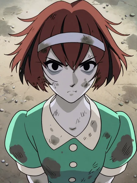 source_anime, score_9, score_8_up, score_7_up, anime screencap, 8k, absurd res, <lora:BigO_PDXLv1 Dorothy-000060:0.7> 1girl, solo, dorothy_greendress_(the_big_o), short hair, buttons, green dress, white hairband, black eyes, pale skin, angry, dirty, dirty face