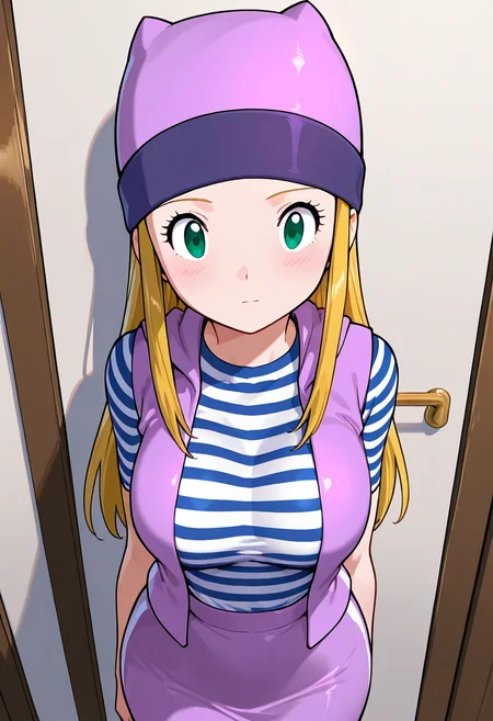 masterpiece, best quality, solo, curvy, beautiful eyes, zzIzumi, green eyes, blonde hair, long hair, purple vest, striped shirt, hat, skirt, ,<lora:OrimotoIzumiDigimon_IXL:1.0>,