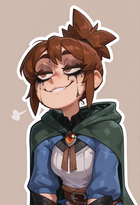 masterpiece, best quality, newest, absurdres, highres, pixelsketcher, portrait,
1girl, thick eyelashes, detailed eyes,small breasts, ,runny makeup, runny mascara, brown hair, brown eyes,short hair,smug
simple background, outline,m4rci, short hair, brown hair, ponytail, brown eyes,green cape, hooded cape, shrug \(clothing\), blue jacket, sleeves past elbows, white shirt, brooch, brown belt, vambraces, blue skirt, black leggings