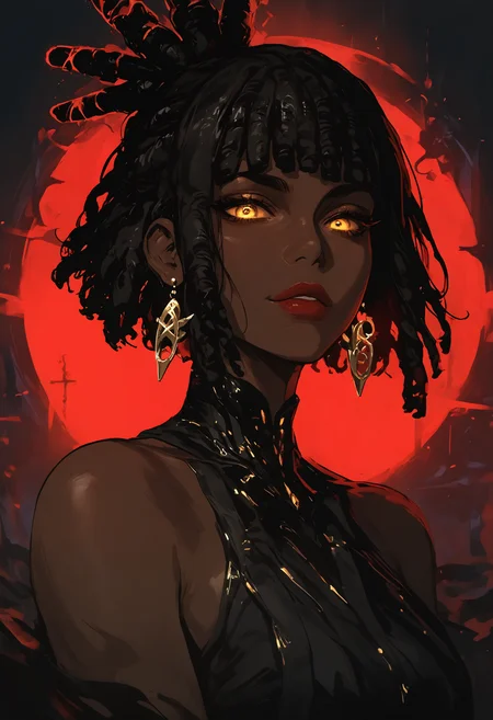 masterpiece, best quality, amazing quality, very aesthetic, absurdres, newest, 1girl, dreadlocks, solo, dark skin, dark-skinned female, short hair, bangs, earrings, jewelry, looking at viewer, very dark skin, bare shoulders, black hair, upper body, glowing, BREAK flowing shadows across the neon-lit fractals.,
The figureâs red lips stand out vividly, She tilts her head slightly upward, her expression enigmatic, as the interplay of shadows and neon light creates a mesmerizing depth. <lora:ponyv4_noob1_2_adamW-000017:0.7000000000000001> <lora:748cmSDXL:0.7>