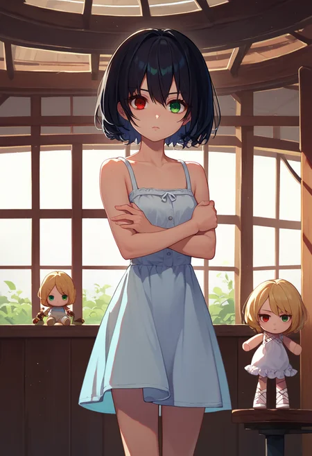 score_9, score_8_up, score_7_up, 1girl, mskr, black hair, short hair, red eyes, heterochromia, green eyes, sundress, holding doll, standing, indoors, looking at viewer, crossed arms, <lora:Misaki Mei 6-000007:1>