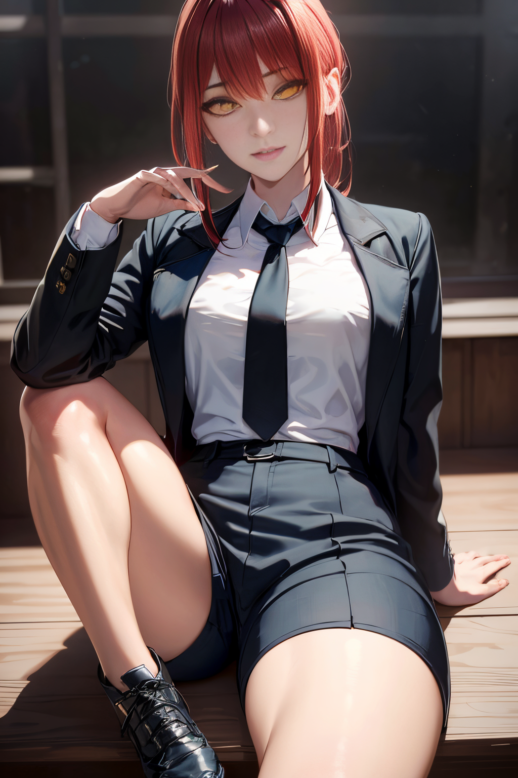 (view from front) woman Sitting with one leg bent and foot on opposite knee, (shirt, tie, pants:0.5) (detailed realistic face), (((hyperdetailed))), zoomed out, symmetrical face, detailed pupil, expressive eyes, makeup, real photography, modern look, Real photography (Realisitc:1.5)  <lora:EdobMakima_v1.0:0.8>