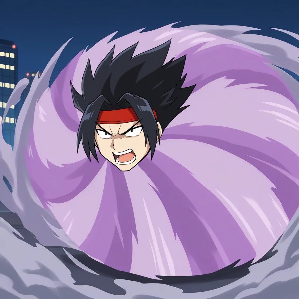 choukyuuhaoudeiedan, spinning, 1boy, solo, head only, black hair, spiked hair, red headband, serious, angry, open mouth, shouting, city background, smoke