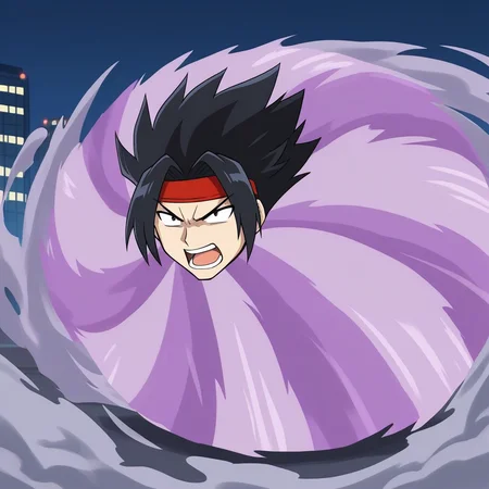 choukyuuhaoudeiedan, spinning, 1boy, solo, head only, black hair, spiked hair, red headband, serious, angry, open mouth, shouting, city background, smoke