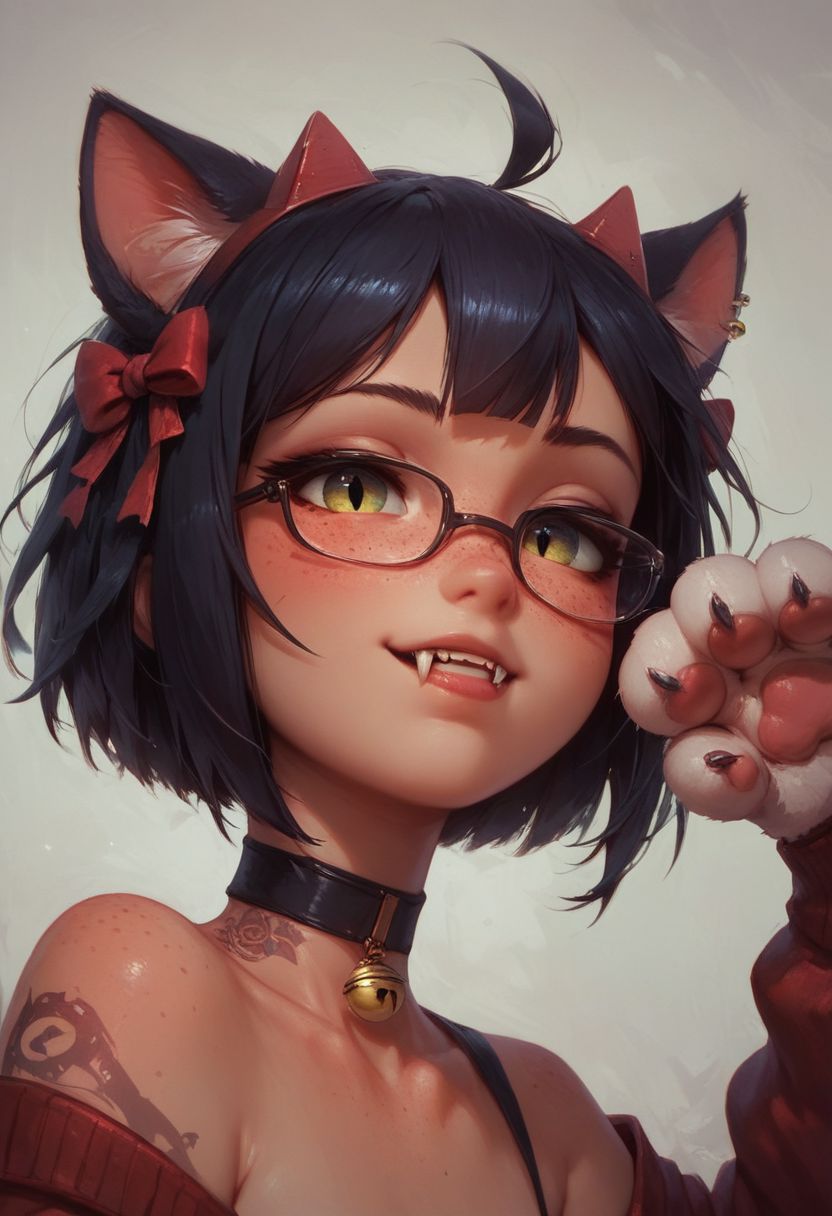 score_9, score_8_up, score_8, score_9, glasses, tattoo, choker, red bow, freckles, piercing, cat ears, tail, cat paw, red bow on hair, cat girl, fangs, nekomiyahinata, perfecteyes