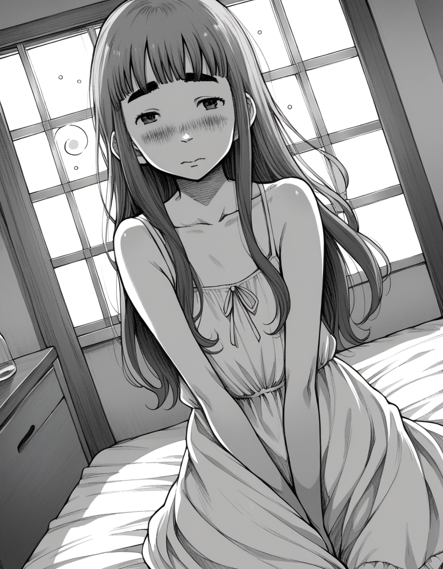 score_9, score_8_up, score_7_up, source_anime,
aikotanaka, <lora:aiko-tanaka-manga-ponyxl-lora-nochekaiser:1>,
aiko tanaka, long hair, bangs, thick eyebrows, blush, greyscale, monochrome,
dress, white dress, collarbone, bare shoulders, sundress,
indoors, bed, bed room, on side, blush, drunk,
looking at viewer, cowboy shot, solo, dutch angle,
