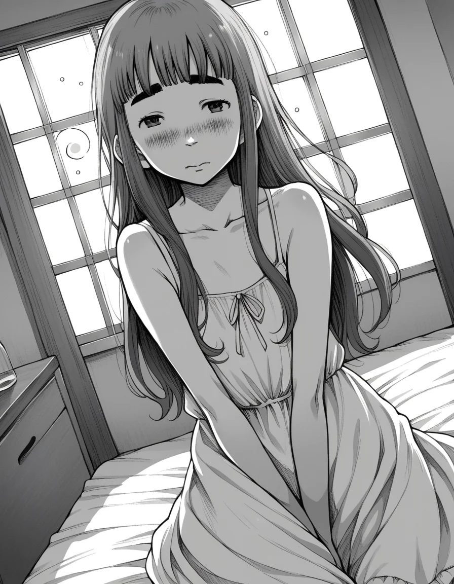 score_9, score_8_up, score_7_up, source_anime,
aikotanaka, <lora:aiko-tanaka-manga-ponyxl-lora-nochekaiser:1>,
aiko tanaka, long hair, bangs, thick eyebrows, blush, greyscale, monochrome,
dress, white dress, collarbone, bare shoulders, sundress,
indoors, bed, bed room, on side, blush, drunk,
looking at viewer, cowboy shot, solo, dutch angle,