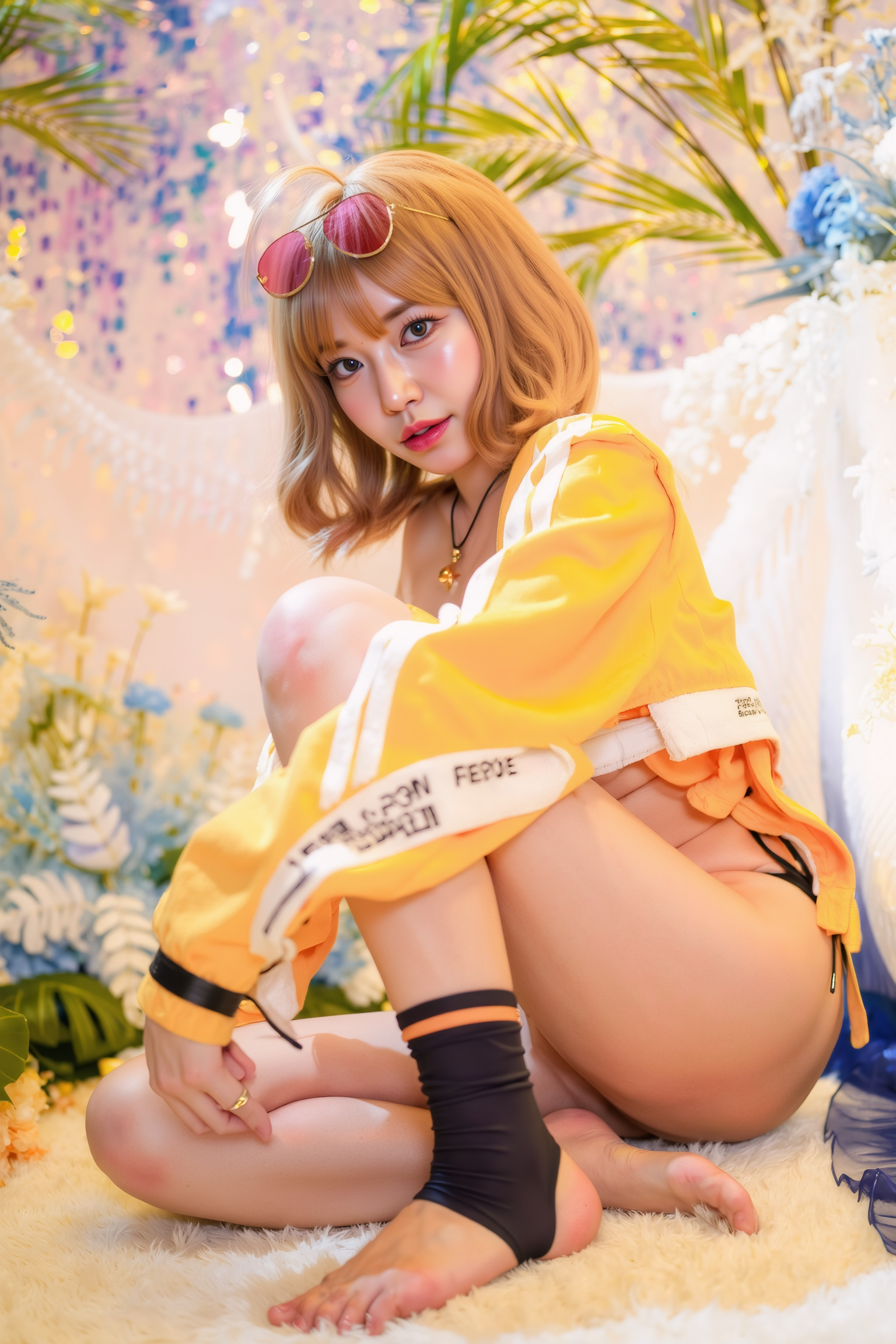 A professional, high-resolution image of a young woman gracefully seated on the floor, facing slightly toward the camera with her legs comfortably spread wide apart. Her posture is relaxed yet confident, as her arms rest gently on the floor between her legs, providing stability and balance. The pose highlights the natural curves of her body and conveys a sense of casual elegance. The lighting is soft and diffused, accentuating her features while casting delicate shadows that emphasize form and depth. Her expression is serene and composed, complementing the relaxed yet poised nature of the composition.

She is wearing a yellow and white SGWN77Clothing. Her makeup is dramatic, with dark eyeliner and bold, glossy pink lips. 

The lighting features a high-contrast, monochromatic white color scheme that creates a moody, intimate atmosphere. 

The photography technique uses what appears to be soft lighting to create a glamorous effect, with careful attention to highlighting contours while maintaining the dominant light brown color scheme throughout the frame.

The overall aesthetic combines elements of fashion photography, traditional Asian visual motifs, and contemporary boudoir styling. The dramatic light brown lighting creates a cohesive visual theme that ties all elements of the composition together.

The white light emit on her to show her feature.